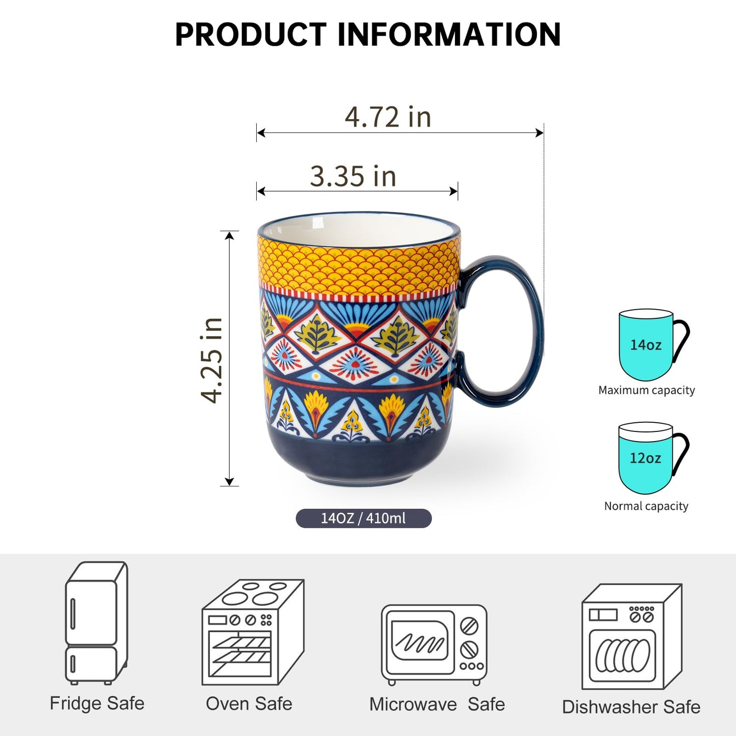 HENXFEN LEAD Boho Ceramic Coffee Mugs Set of 6 – 14 oz Porcelain Cups for Latte, Cappuccino, Tea & Cocoa – Microwave & Dishwasher Safe