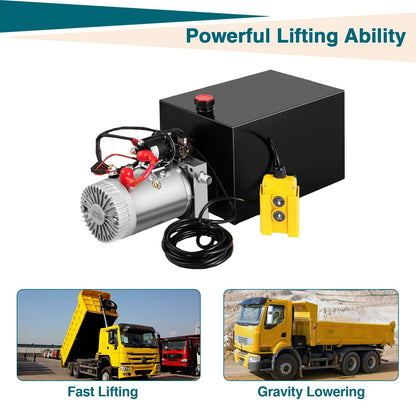 4 Quart Hydraulic Pump Single Acting Hydraulic Dump Trailer Pump 3200 PSI Hydraulic Power Unit with 12V DC Metal Oil Reservoir, Single Action Powering Unit, SAE #6 Ports