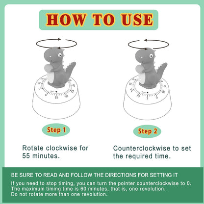 ELE DEPI 60 Minutes Mechanical Kitchen Timer,Cute Dinosaur Timer for Kids,Wind Up Egg Timer for Cooking,Reading,Classroom and Do Sports. (Light Green)