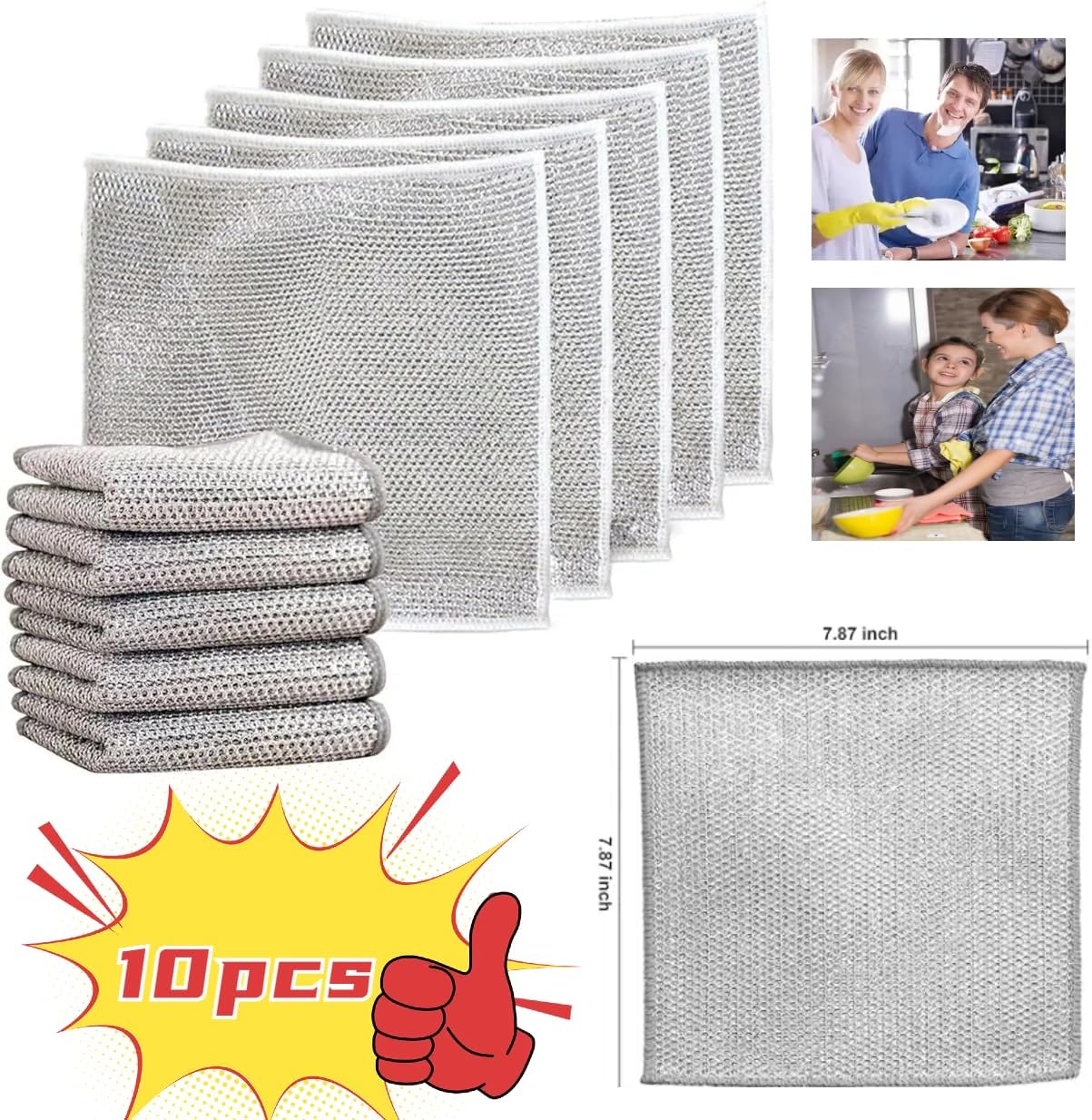 10PCS Rags Dishwash Cleaning Wire Dishcloth, Non-Scratch Kitchen Washcloths for Washing Dishes, Double Layer