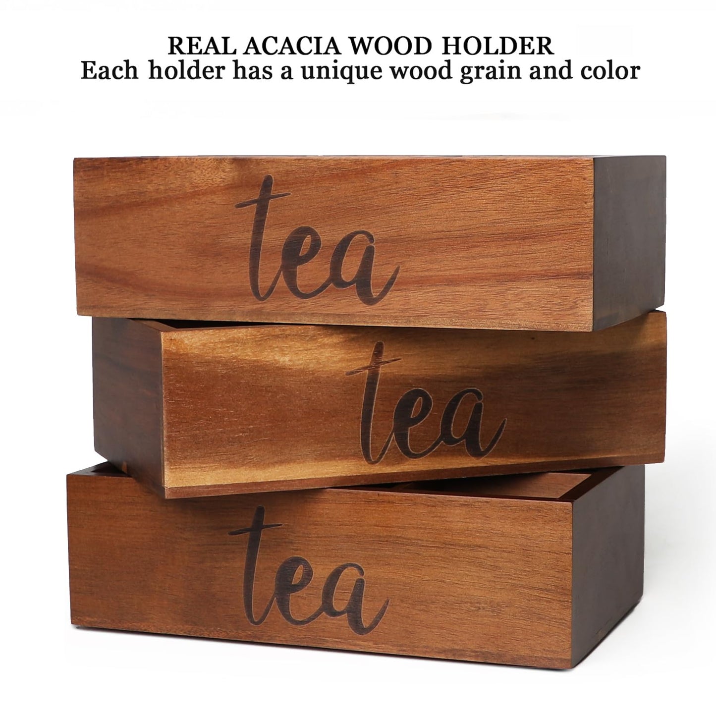 LBEMEY Tea Bag Organizer,Acacia Wood Tea Storage Containers with 6 Compartments, Sugar Packet Holder,Tea Bag Caddy Box for Cabinet Countertop Office (Brown-Labeled "Tea")