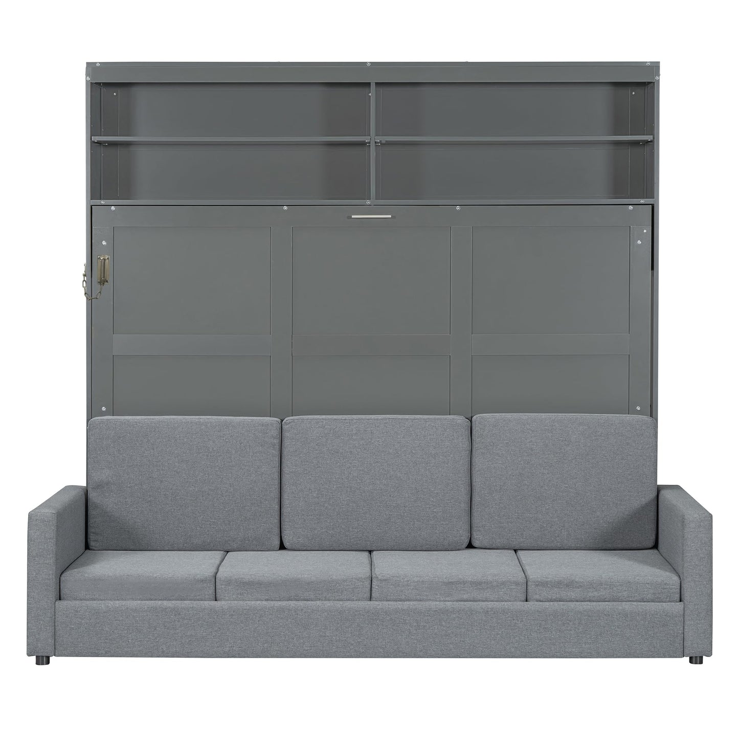Merax Queen Size Murphy Cabinet Bed with Sofa, Wood Folding Murphy Bed with Open Shelves, Space-Saving Wall Bed for Guest Room and Home Office