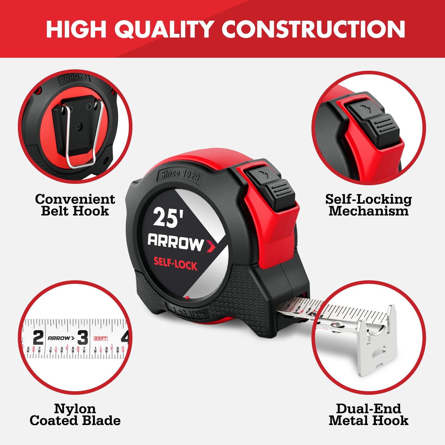 Arrow 25FT Auto-Lock Tape Measure, Easy Read Measuring Tape with Fractions 1/8″, Double Sided Measurement Tape with 1″ Blade, Belt Clip, Dual-End Metal Hook, and Rubber Protective Casing