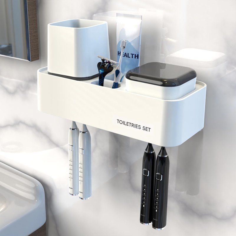 7AM2M Toothbrush Holders for Bathrooms,2 Cups Bathroom Organizer with Secure Hook - Stylish Wall Mounted or Desktop Use,Bathroom Organization and Storage,4 Toothbrush Slots, (White)
