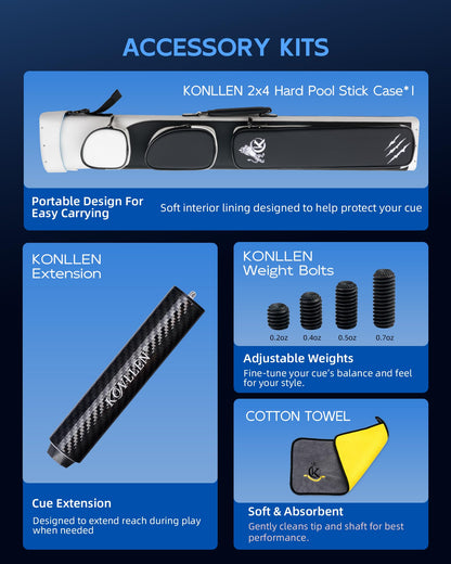KONLLEN 2.0 Pool Cue Complete Set with Case & Extras | Hand-Inlaid Carbon Fiber Pool Cue with Professional Taper | Low Deflection Shaft for Adults & League Players