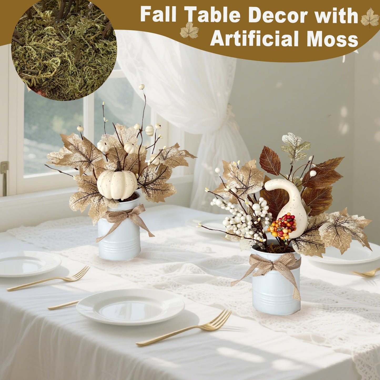 2 Pack 12" Thanksgiving Decorations Thanksgiving Centerpieces for Dinner Table Potted White Maple Arrangement in Metal Pot White Pumpkin Berried Autumn Thanksgiving Table Decor for Home Kitchen Office