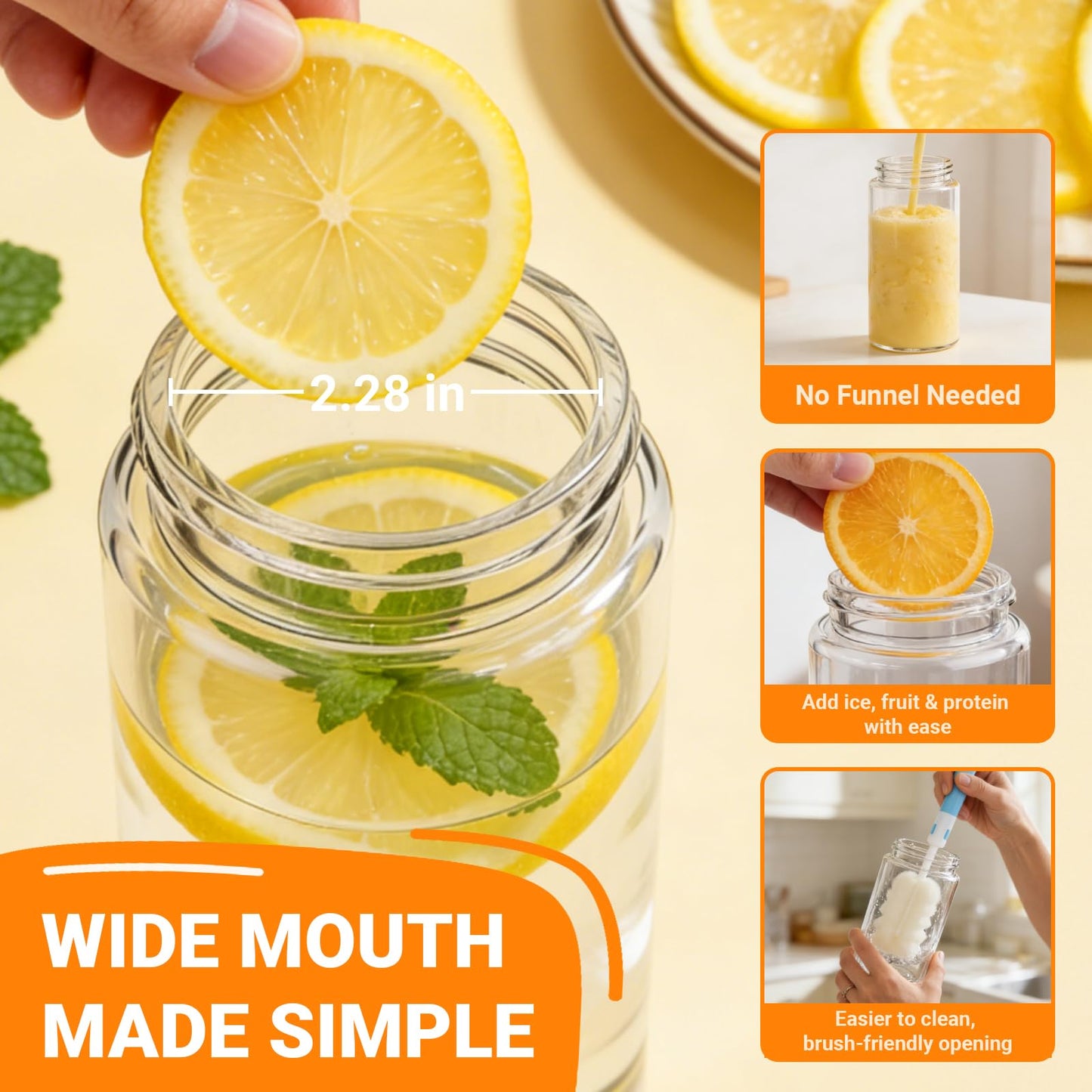 Cafezi 16 oz Wide Mouth Glass Juice Bottles with Stainless Steel Lids, Leakproof, Airtight, Reusable, Dishwasher Safe, Cup Holder Friendly, Brush Included, for Juicing, Smoothie, Infused Water, 4 Pack