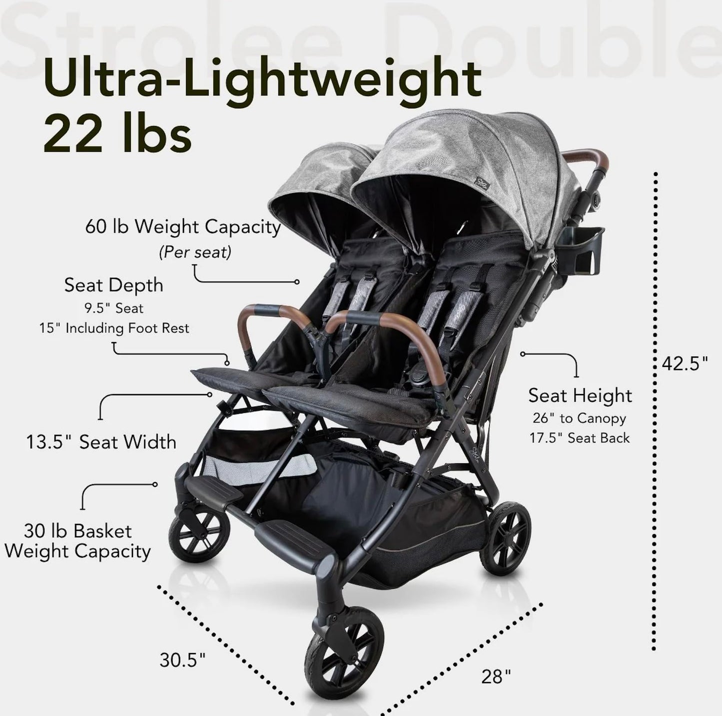 Strolee Lightweight Double Side by Side Stroller - 22 Lbs, 9.5" Compact Fold, Twin Nap Ready Seating, No Rethread Harness, Magnetic Buckle & Ultra Plush Seat 60Lb Per Seat- (v2 Fawn)