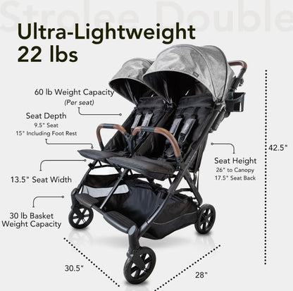 Strolee Lightweight Double Side by Side Stroller - 22 Lbs, 9.5" Compact Fold, Twin Nap Ready Seating, No Rethread Harness, Magnetic Buckle & Ultra Plush Seat 60Lb Max Per Seat- (v2 Sage)