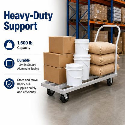 20" x 48" Mobile Aluminum Dunnage Rack with Handle, 1600 lb Capacity Heavy Duty Platform Cart with Casters, Rolling Storage Rack for Commercial Kitchen, Restaurant, Warehouse, Pantry and Bulk Supplies