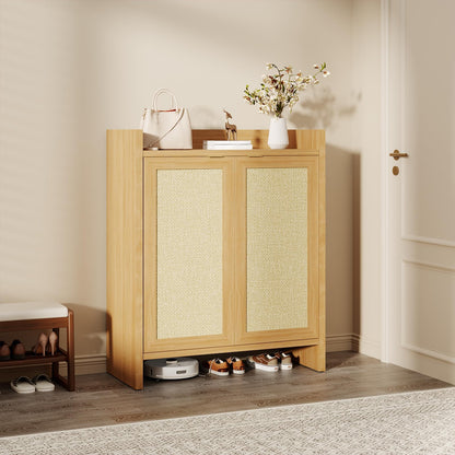 MERXENG Rattan Shoe Cabinet for Entryway, Wooden Shoe Storage Cabinet with Adjustable Shelves, Freestanding Shoe Rack with Guardrail Top for Hallway & Living Room, Dark Oak