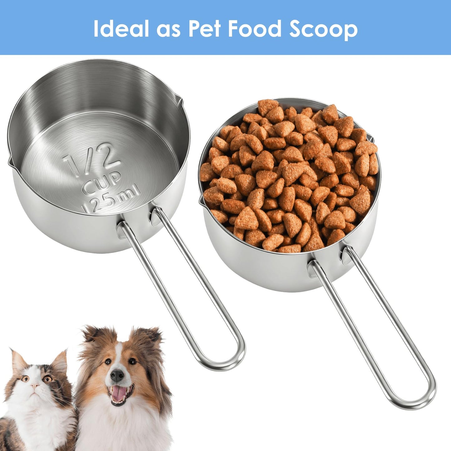 YOUEON 6 Pcs 1/2 Cup (125ml) Stainless Steel Measuring Scoops, Metal Measuring Cups with Handle for Dog Food, Coffee, Baking, Cooking, Dishwasher Safe
