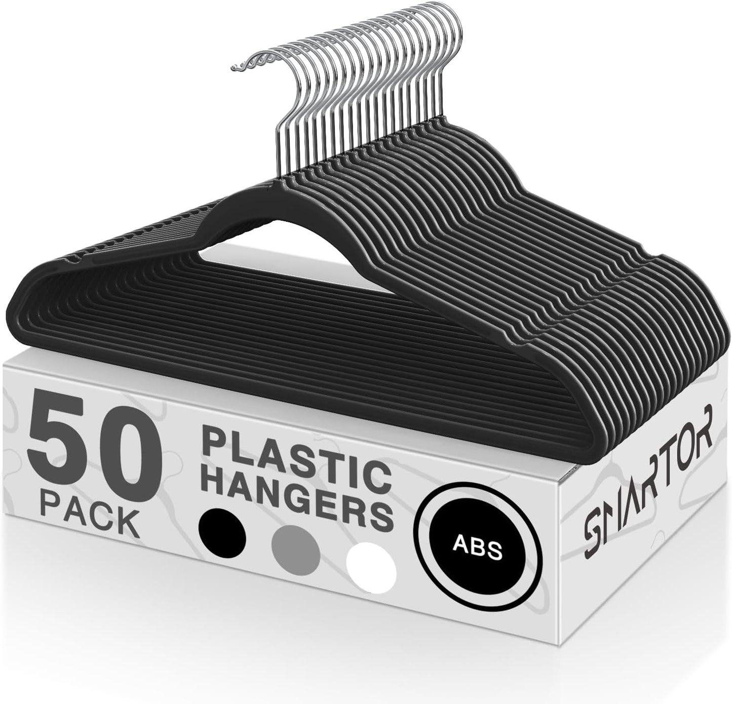 SMARTOR Plastic Hangers - Heavy Duty Slim Clothes Hangers with 360° Swivel Hook | 50 Pack - Black