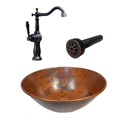 Simply Copper 14" Round Copper Vessel Countertop Sink in Natural Patina with Daisy Drain and 13" ORB Clayborne Vessel Filler Faucet