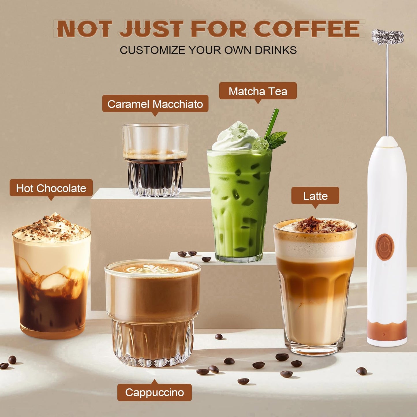Milk Frother Handheld Rechargeable,Hand Mixer Electric Whisk with 2 Speeds,Drink Mixer Coffee Frother With 2 Stainless Steel Whisks for Coffee, Matcha, Lattes, Cappuccino,Egg,No Stand