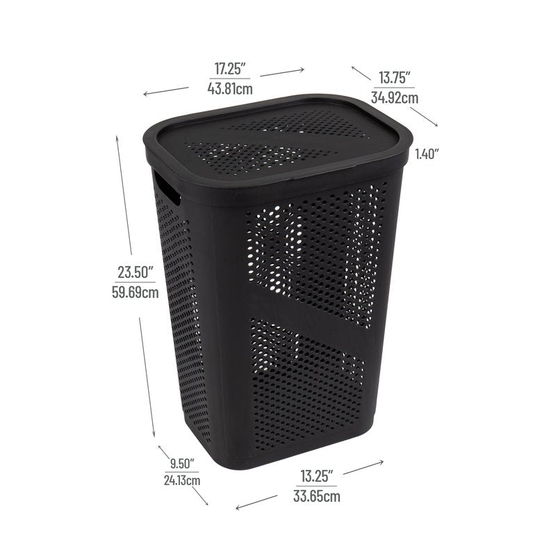 Mind Reader Slim Laundry Hamper with Lid, 60L Clothes Basket, Ventilated Plastic, Black