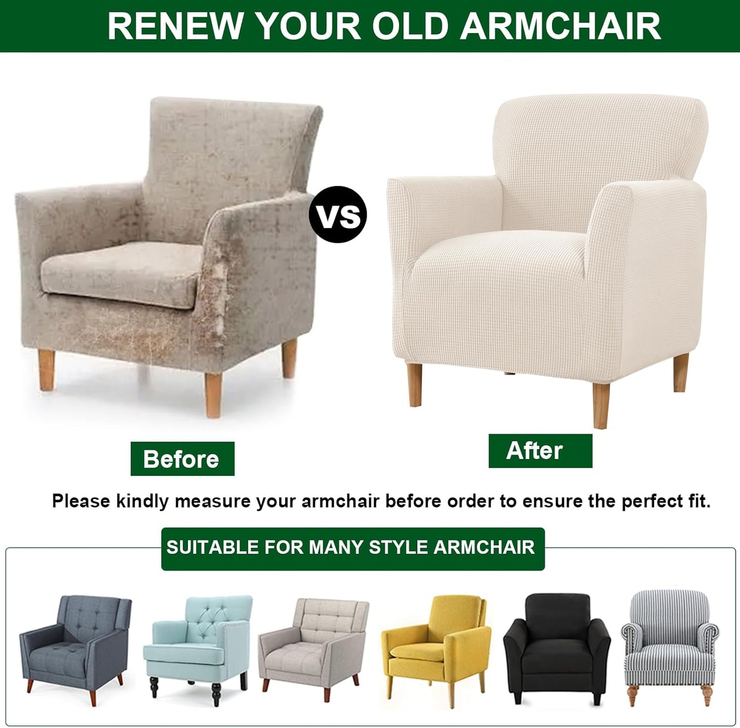 1-Piece CRFATOP Stretch Mid Century Modern Armchair Slipcover Solid Accent Chair Covers with Arms Soft Waterproof Chair