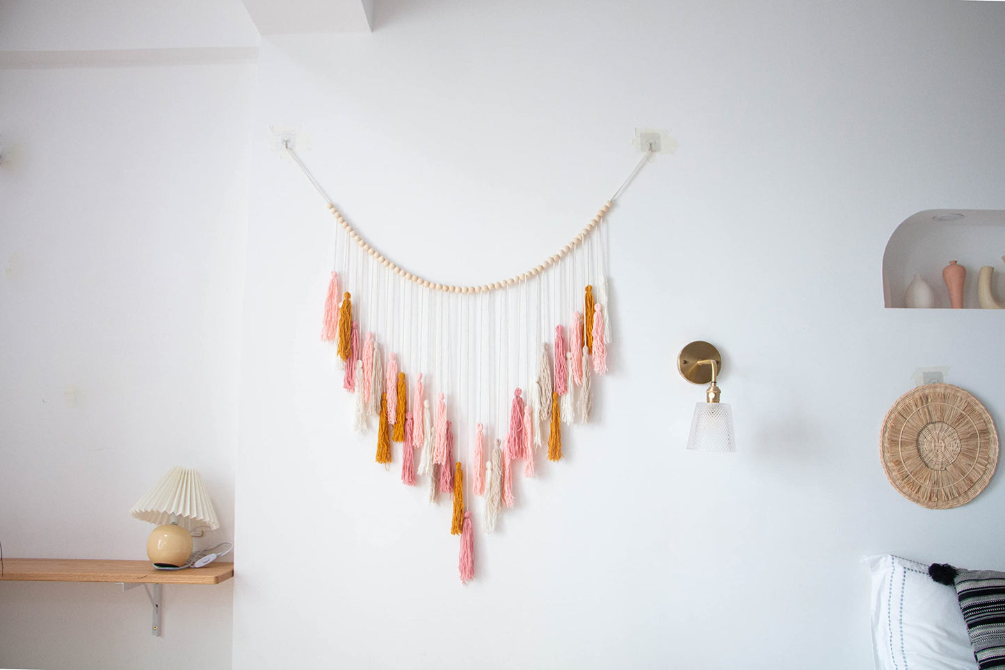 Decocove Macrame Wall Hanging - Large Macrame Wall Hanging with Wood Beads - Bohemian Wall Decor for Bedroom, Living Room and Kitchen - Pink and Gold- 35'' x 36''