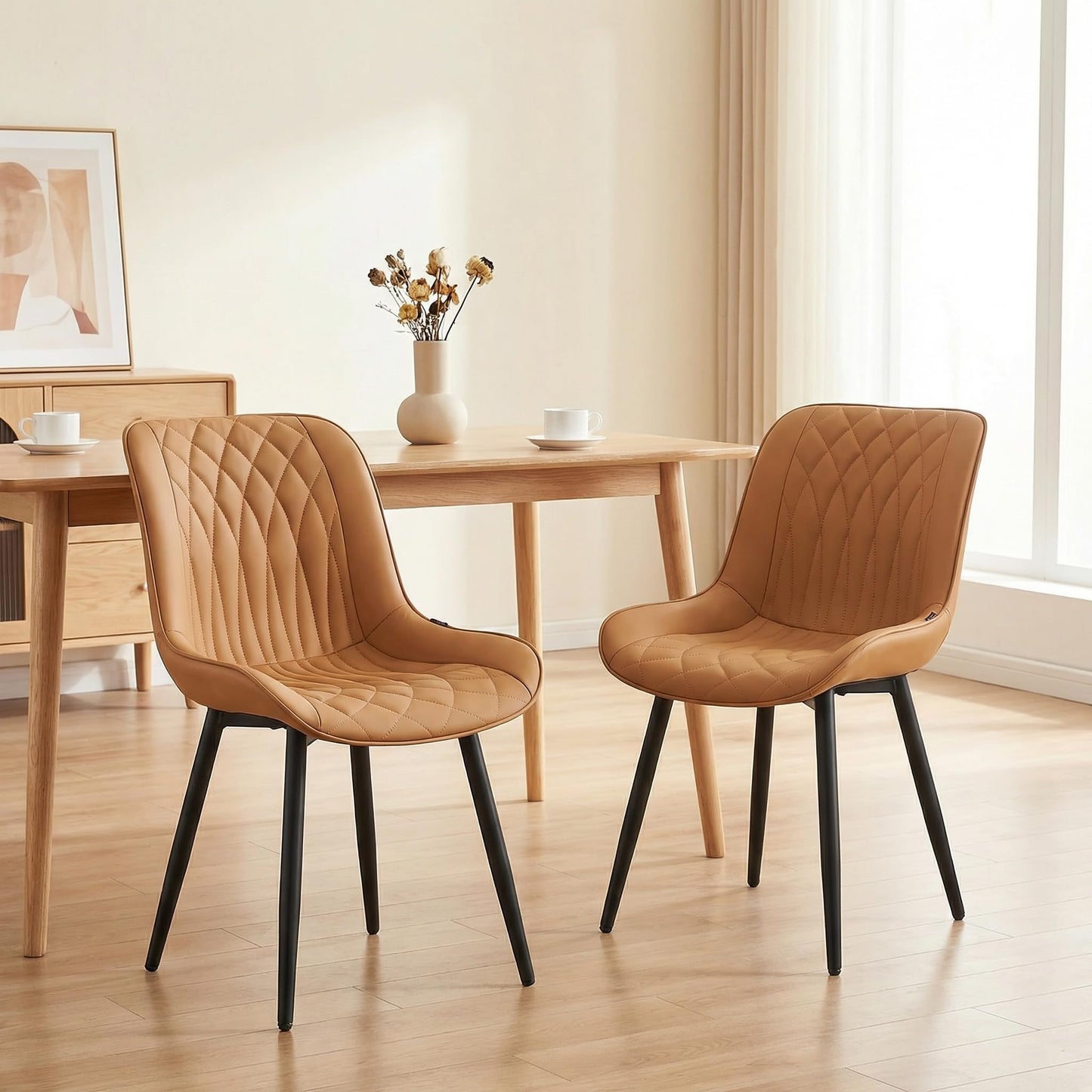 YOUNIKE Tan Faux Leather Dining Chairs Set of 2 Mid-Century Modern High Padded Back Comfy Upholstered Kitchen Chairs with Metal Legs Wide Seat Accent Side Chair for Dining/Living/Waiting Room