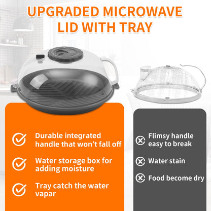 Microwave Splatter Cover Lid for Food 10.2 Inch with Water Steamer, Clear Microwave Splash Guard Cooker Lid with Plate, Dish Bowl Plate Serving Cover Cookware High Transparent Plastic Grey