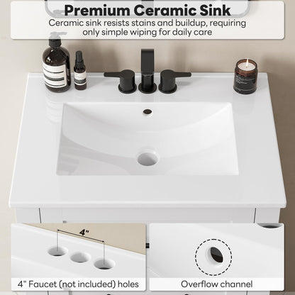 LIKIMIO 24" Bathroom Vanity with Sink, Freestanding Bathroom Vanity with 2 U-Shaped Drawers & Open Shelf, Integrated Ceramic Sink, Modern Bathroom Storage Cabinet for Small Space, Easy Assembly, White