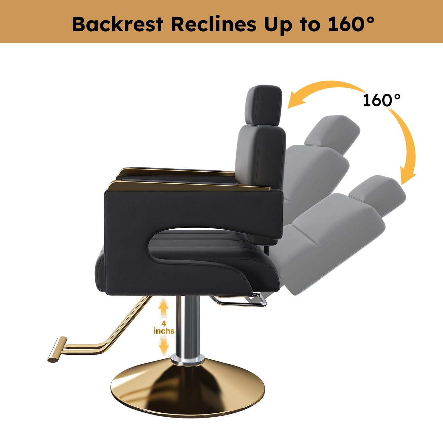 KEIKI Luxury Hydraulic Barber Chair, 160° Reclining Salon Chair w/Adjustable Height & 360° Swivel, Heavy Duty Styling Chair w/Gold Base, PU Leather Cushioned Barber Chair for Salon Spa, Black Gold