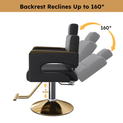 KEIKI Luxury Hydraulic Barber Chair, 160° Reclining Salon Chair w/Adjustable Height & 360° Swivel, Heavy Duty Styling Chair w/Gold Base, PU Leather Cushioned Barber Chair for Salon Spa, Black Gold