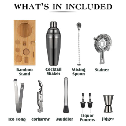 Black Cocktail Shaker Set, Premium 18/8 Stainless Steel Mixology Bartender Kit with Stylish Bamboo Stand 10-Piece Bar Tools & Accessories for Home Bar for Men, Dad, Husband