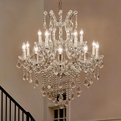 TMAFON Modern Chrome Chandelier Light Fixture - Luxury Maria Theresa Crystal Chandeliers for Dining Room, Kitchen Island, Living Room, Bedroom, 15 Lights, 2 Layers
