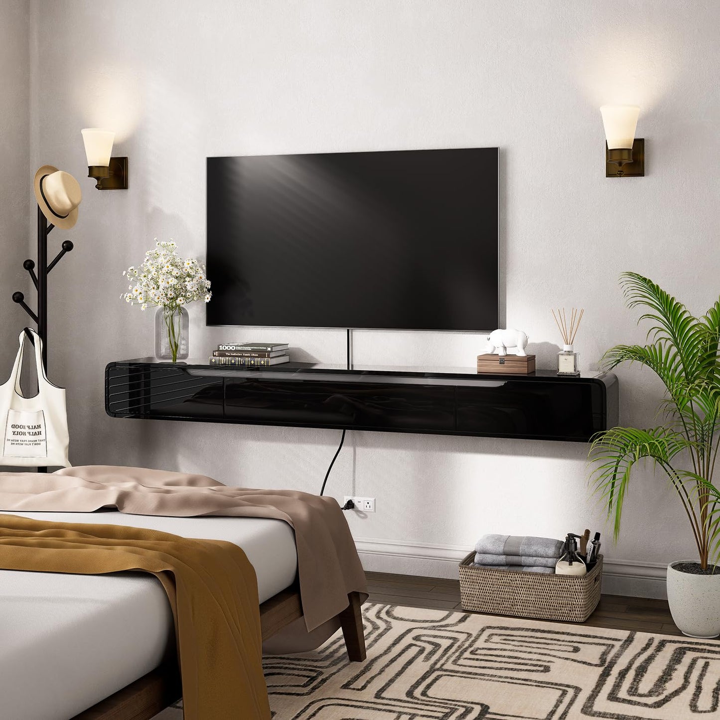 FurniNova 70'' Floating TV Stand with Drawers, Wall Mounted TV Console, High-Gloss Floating Entertainment Center Under TV Shelf for Living Room Bedroom,Fully Assembled,Black