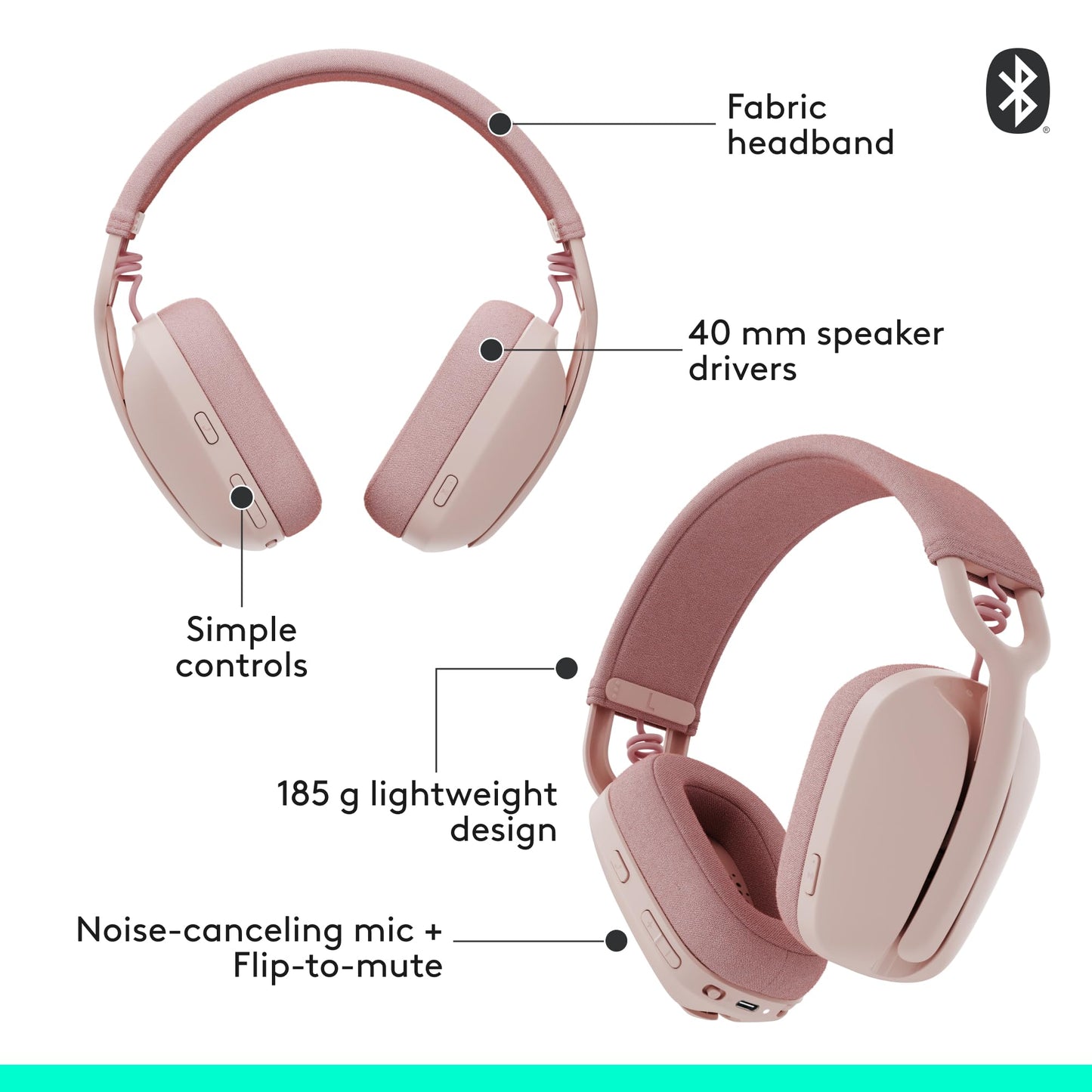 Logitech Zone Vibe 100 Lightweight Wireless Over Ear Headphones with Noise Canceling Microphone, Advanced Multipoint Bluetooth Headset, Works with Teams, Google Meet, Zoom, Mac/PC - Rose