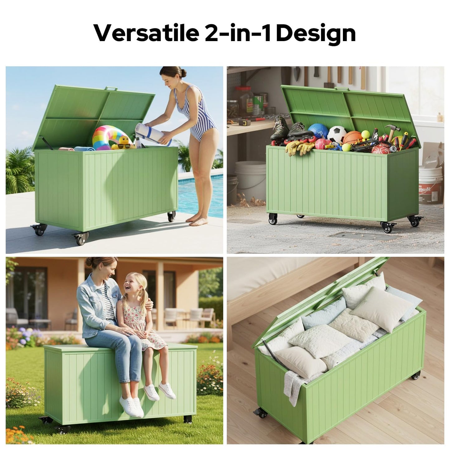 RICNOD Outdoor Storage Box with Wheels 150 Gallon, Mobile Aluminum Deck Boxes Outdoor Waterproof, UV Resistant Patio Storage Box with Lid for Patio Furniture, Garden Tools, Outdoor Cushion(Green)