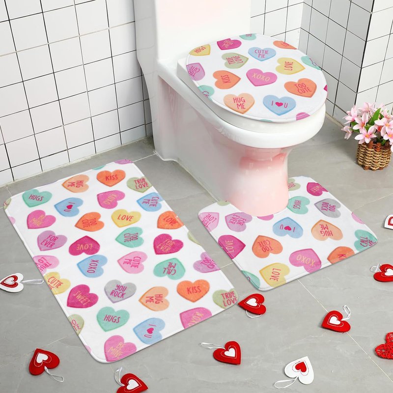 Hauwellter 4 Pcs Valentines Day Shower Curtain Sets, Pastel Heart Valentine Bathroom Set with Shower Curtains and Non Slip Rug Toilet Lid Cover U Shaped Bath Mat, Valentines Day Bathroom Decorations