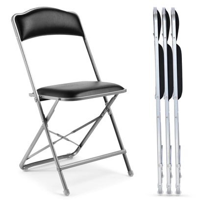 Gold Furnishings Premium Folding Chairs 4 Pack – Narrow 15” Seat, Padded Seat & Back – Folds Ultra Slim (~1 Inch) – Elegant Event Seating for Weddings, Parties & Dining Silver Frame Black Vinyl