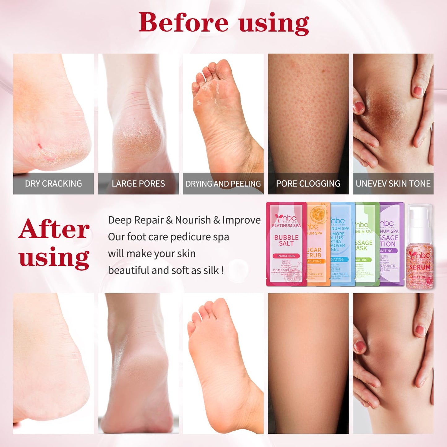 Pedicure Kit Foot Soak Set: Bubble Salt, Sugar Scrub, Massage Mask, Massage Lotion in a Box, 4 Step Foot Spa Kit for Dry Feet,Tired Feet（3 Set Tropical Fruit)