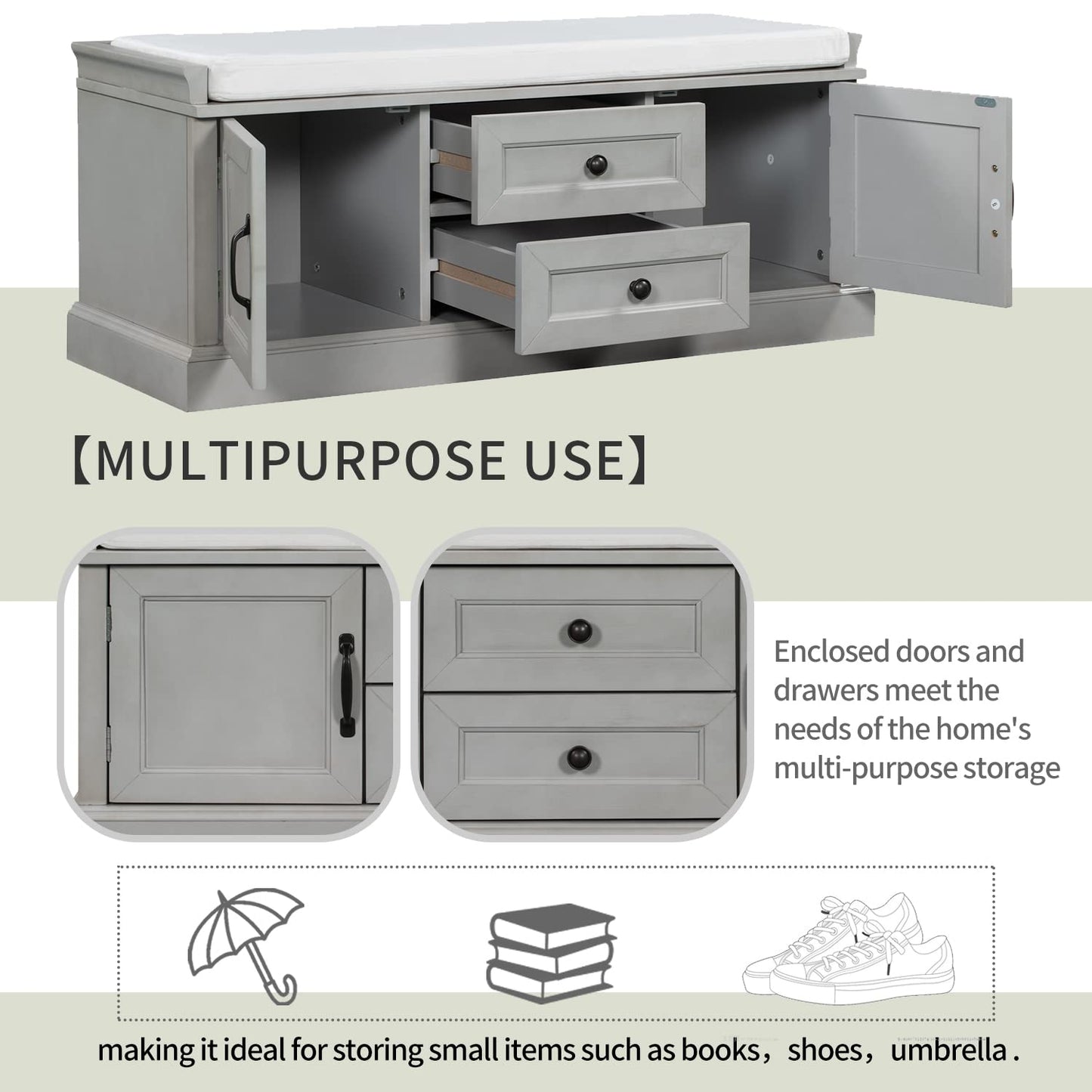 Acosure 42″ Storage Bench with 2 Drawers and 2 Cabinets，Multipurpose Entryway Shoe Rack W/Removable Cushion，for Living Room Hallway Porch,Gray Wash
