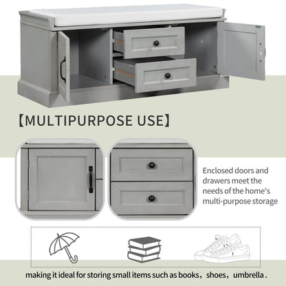 Acosure 42″ Storage Bench with 2 Drawers and 2 Cabinets，Multipurpose Entryway Shoe Rack W/Removable Cushion，for Living Room Hallway Porch,Gray Wash