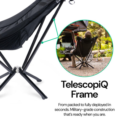 CLIQ EpiQ 1.0 Outdoor Camping Chair - High Backrest Integrated Pillow with MagiQ Hub for Quick Setup, Military Grade Frame Supports 400 lbs (Black)