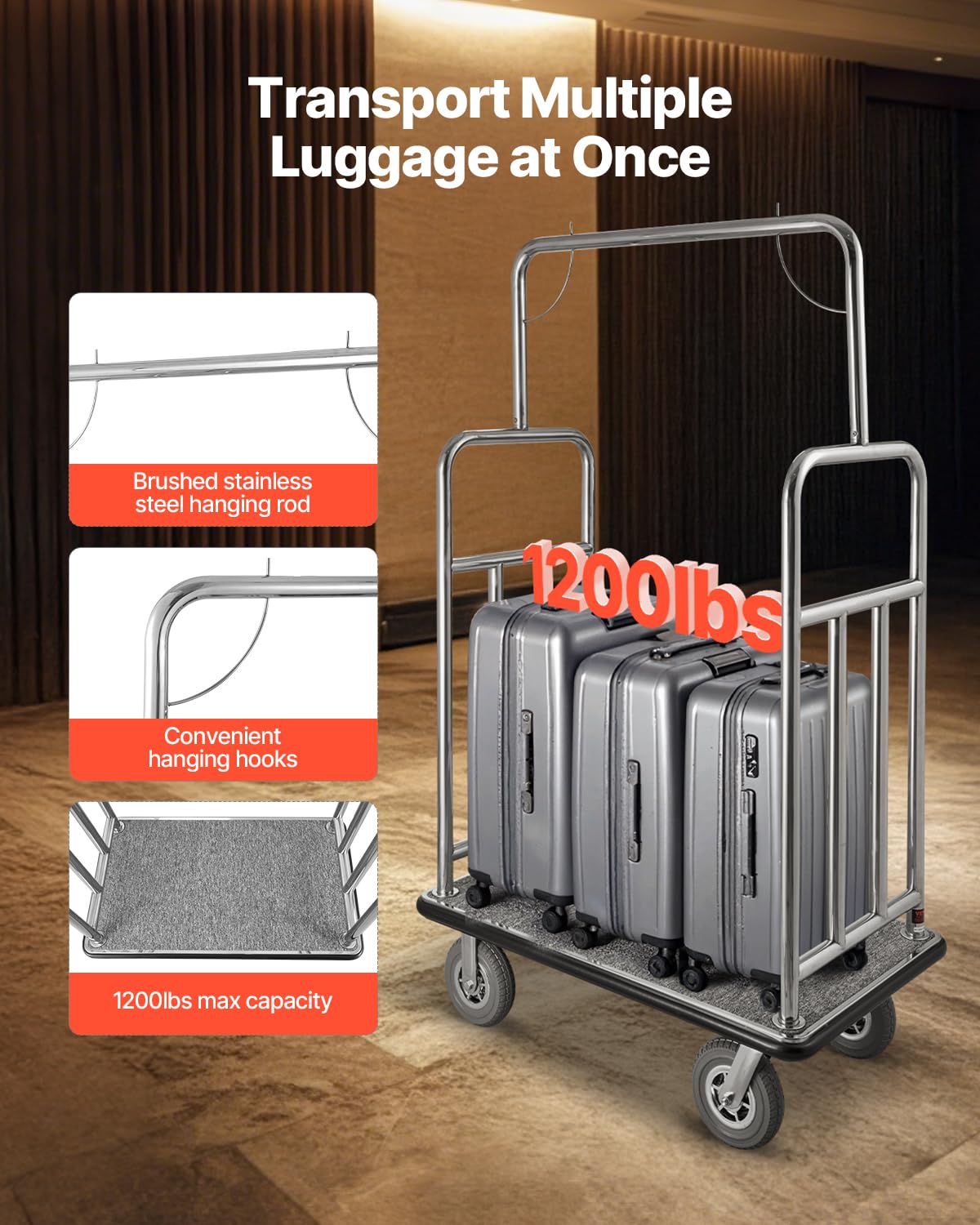 VEVOR Hotel Luggage Cart, Brushed Stainless Steel Finish Bellman's Cart, 1200 LBS Valet Cart with Grey Carpeted Deck and 8-inch Rubber Wheels, Ideal for Hotels, Condos, Resorts, Silver