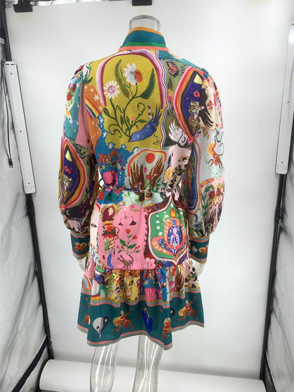Qikaka Women's Long Puff Sleeve Turtleneck Printed Button Bodycon Sexy Nightclub Party Blouse Dress Medium