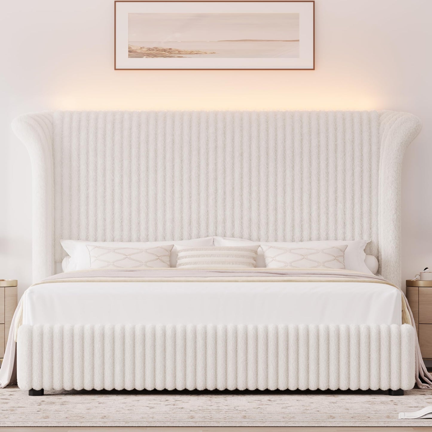Keyluv King Bed Frame with 54.3” Tall Faux-Fur Wingback Headboard, Upholstered Platform Bed with LED Light, Mattress Foundation with Solid Wooden Slats Support, No Box Spring Needed, Noise-Free, Beige
