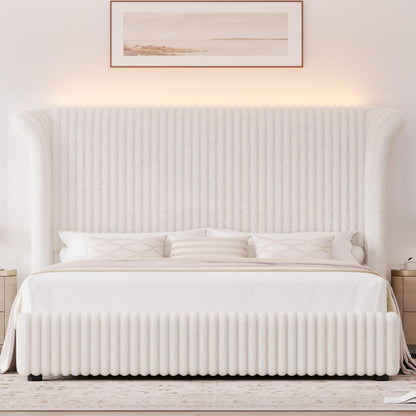 Keyluv King Bed Frame with 54.3” Tall Faux-Fur Wingback Headboard, Upholstered Platform Bed with LED Light, Mattress Foundation with Solid Wooden Slats Support, No Box Spring Needed, Noise-Free, Beige