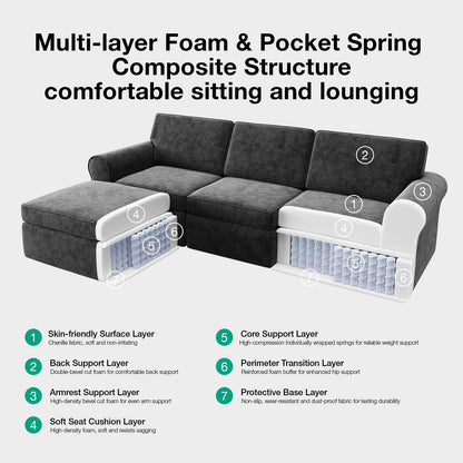 Novilla 108" Modular Sectional Sofa, Modular Sectional Couches for Living Room Bedroom, Chenille Removable Cover Cloud Couch with Smarts Coil® Support L-Shaped Couch(Dark Grey, Left-Arm Chair)