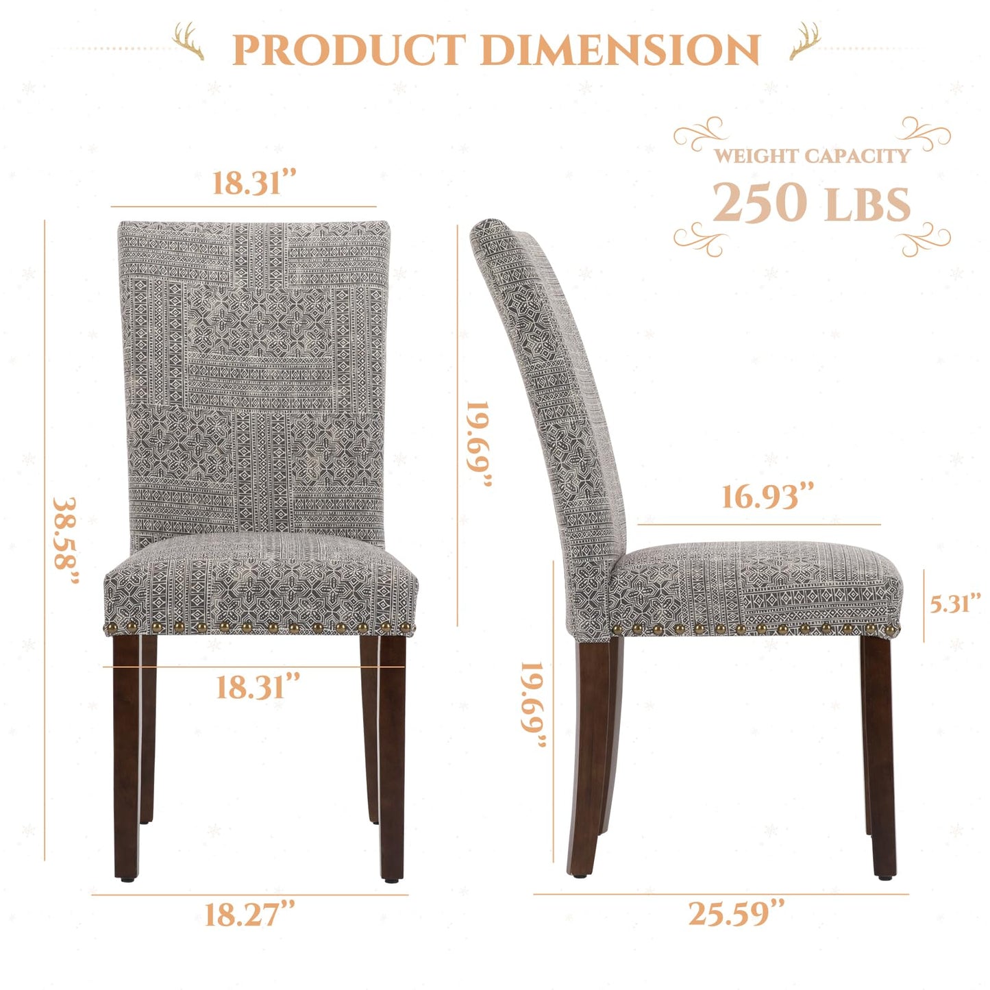 Parsons Dining Chairs Set of 4, Upholstered Nailhead Dining Room Kitchen Side Chair with Thick Cushions and Wood Legs, Black/White