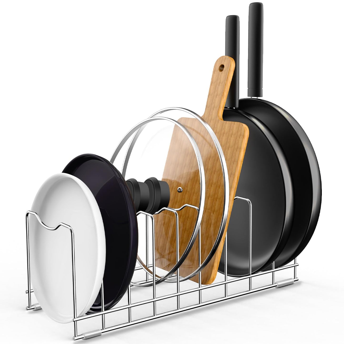 FLSEPAMB Lid Organizer Pot Lid Organizer 10-Tier Pot Lid Rack Holder Suitable for Bakeware Dish Plate, Cutting Boards, Pots & Pans, Serving Trays, Reusable Containers in Cabinet Pantry (1 Pack)