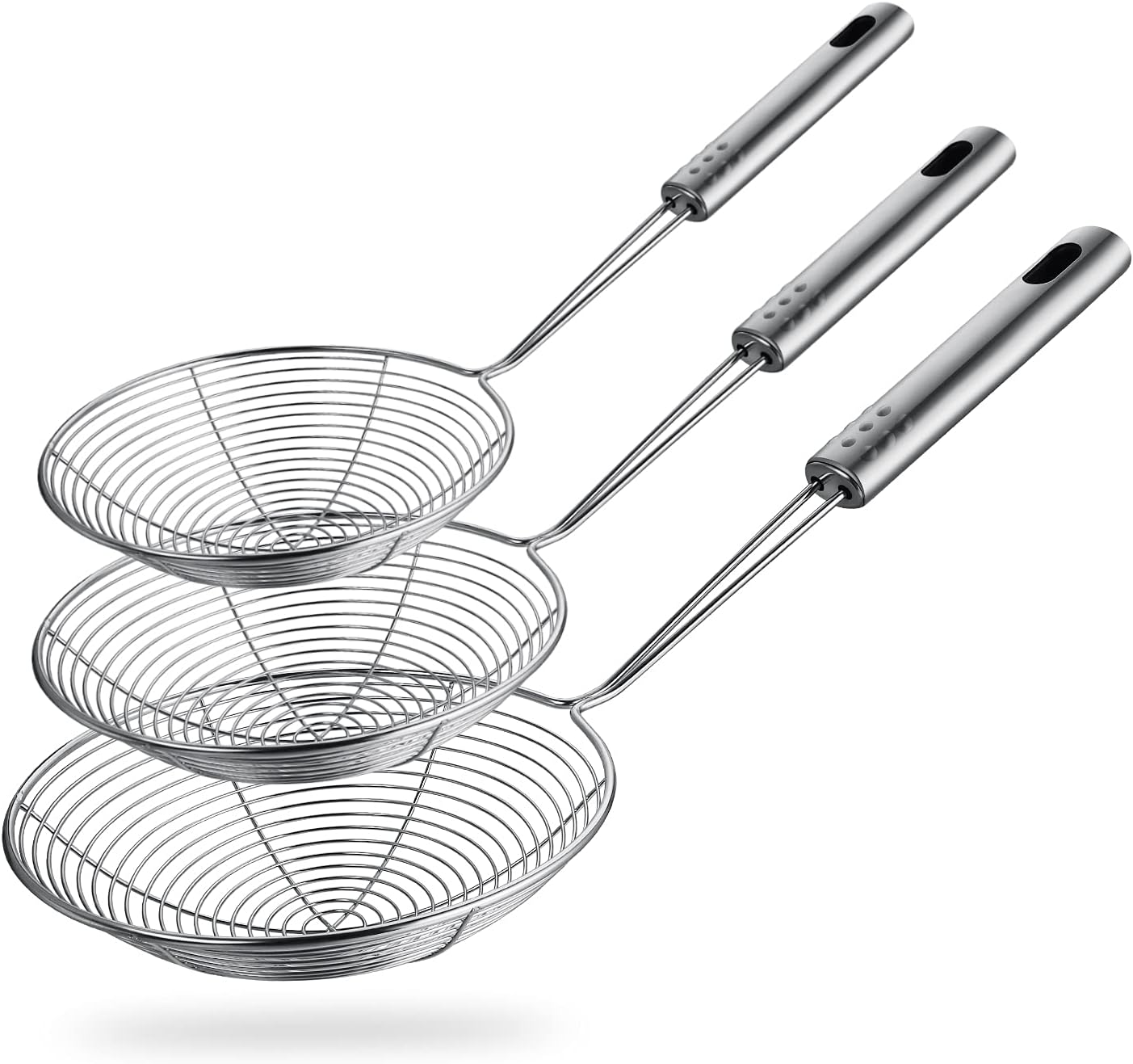 Spider Strainer Skimmer Spoon, Set of 3 Sizes, Stainless Steel Fryer Scoop, Wire Strainer Ladle for Cooking