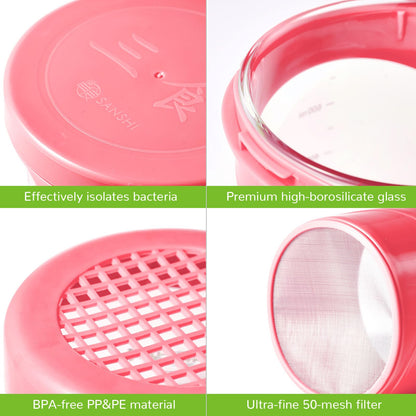 Mini Cheese Strainer & Greek Yogurt Maker - 24H Quick Straining, Single Serve 500ml, Stackable Personal Size, BPA-Free Glass with Ultra-Fine Mesh, Cherry Blossom Pink