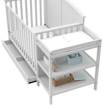 Storkcraft Steveston 5-in-1 Convertible Crib & Changer – GREENGUARD Gold Certified, Fits Standard Crib Mattress, Converts to Toddler Bed and Full Bed, 4 Adjustable Mattress Heights (White)