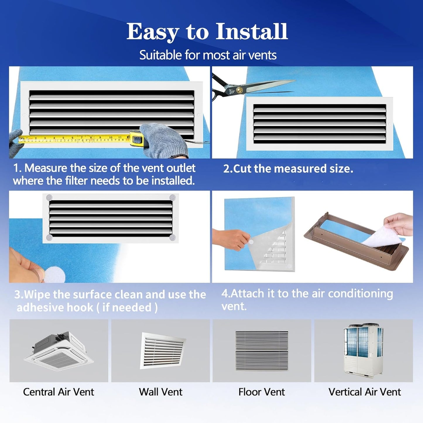 12"X100" 8 Air Vent Filter, Cut to Size Air Filter Material, MERV Electrostatic Air Filter Roll, Blue & White Vent