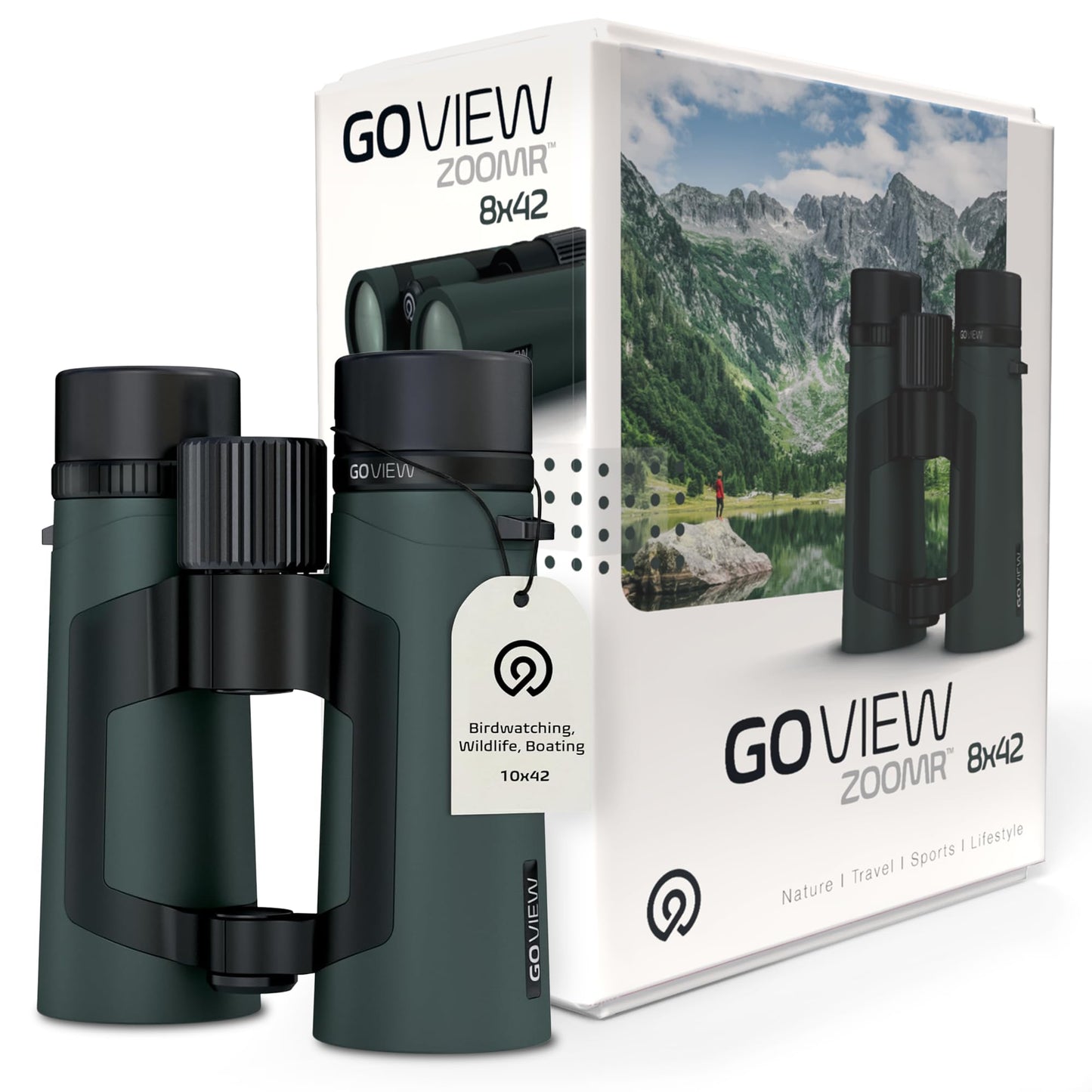 GOVIEW ZOOMR 10x42 Binoculars — Lightweight, Durbale Binoculars for Adults w/Smartphone Adapter GFRP Housing, Anti-Fog & Multi-Coated Lens — for Birdwatching, Wildlife, Boating, Oak Green